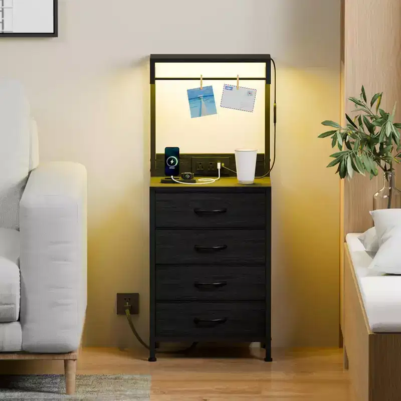 Tall Black Oak Nightstand 4 Fabric Drawers Storage Shelves Modern Bedside Side End Table Narrow Accent Organizer for Small Space Bedroom Living Room