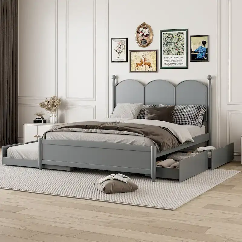 Grey / White / Walnut Queen Platform Bed with 2 Drawers & Twin XL Trundle – Single/Couple