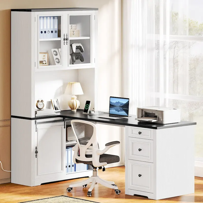 Farmhouse Office Desk Corner Computer Desk with Hutch and Drawers