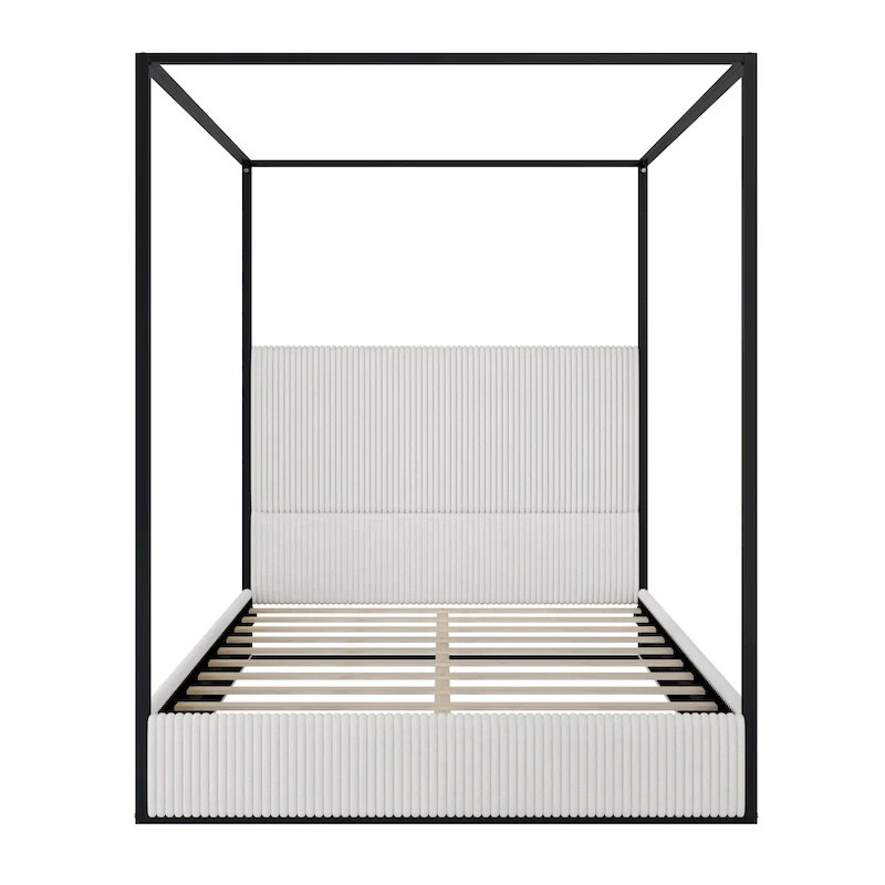 Modern Luxury Metal Canopy Bed with Tall Upholstered Headboard & Four Poster