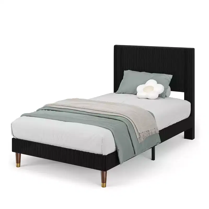 Modern Corduroy Upholstered Platform Bed Frame with Headboard  Sturdy Metal & Wooden Slats