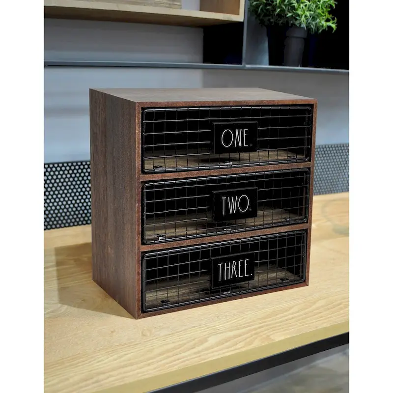 3-Drawer Desktop Organizer, Wood, Letter & Document Storage, White Wash / Dark Wood, 1-Person Use