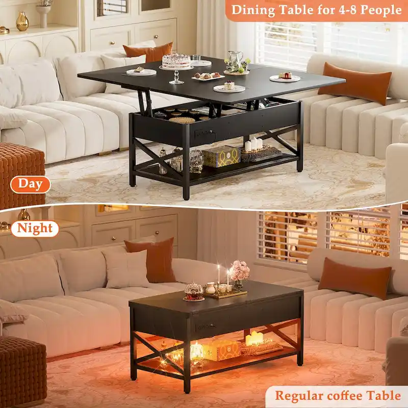 Modern Black Expandable Lift Top Coffee Table Converts to Dining Table with LED Light and Power Outlet