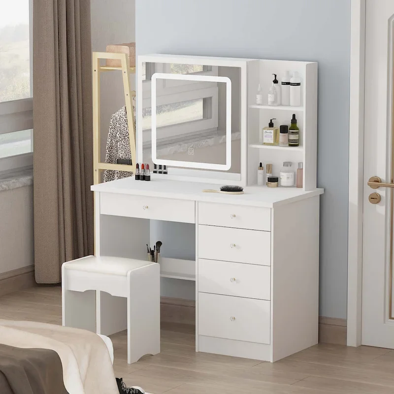 White Makeup Vanity Set with LED Mirror and Stool - 39.4