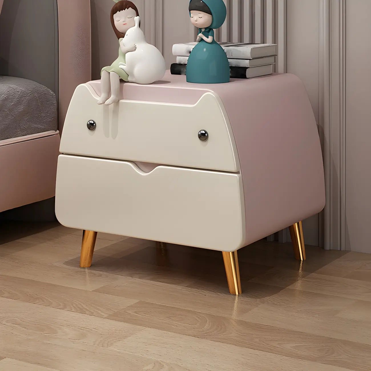 Pink Cute Cat Shape Scandinavian Nightstand with 2 Drawers