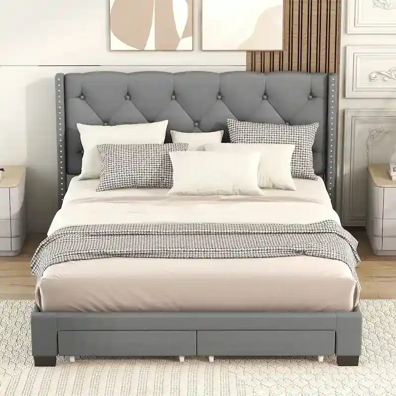 Queen Size Linen Platform Bed with 2 Drawers
