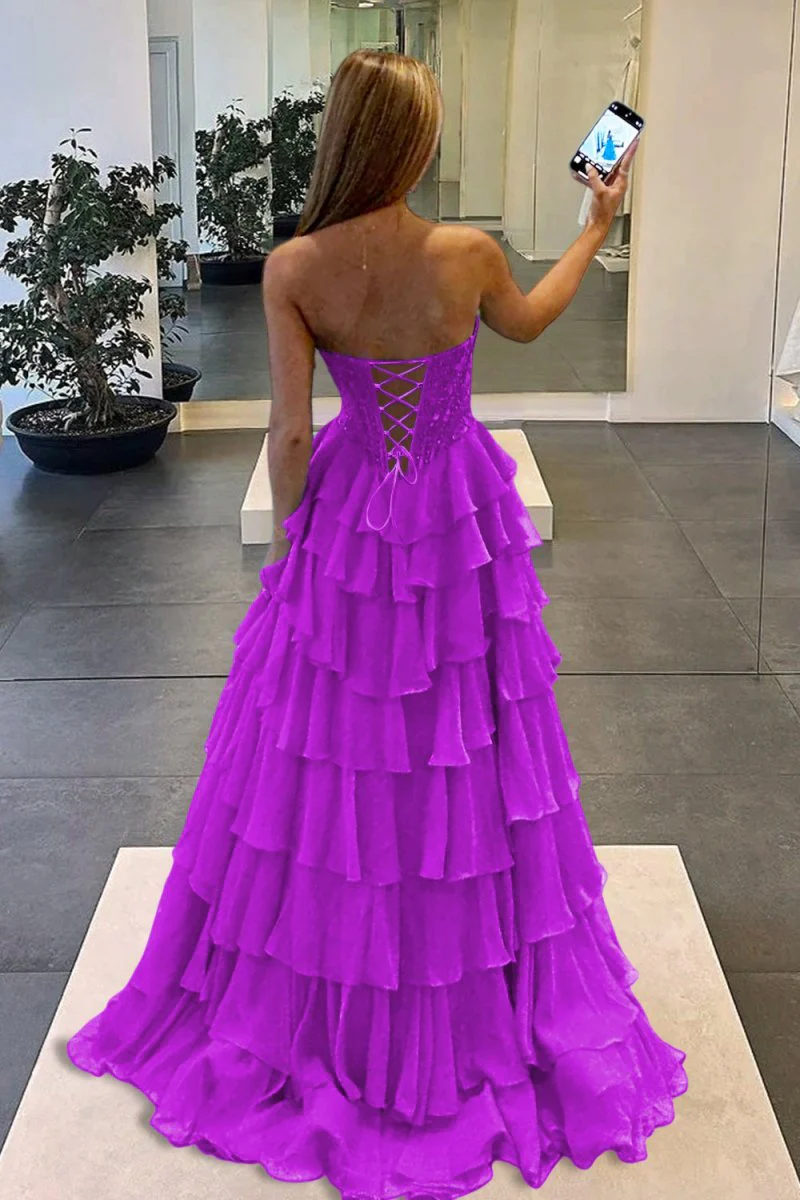 Magenta - Strapless A Line Chiffon Ruffled Prom Dresses With Appliques