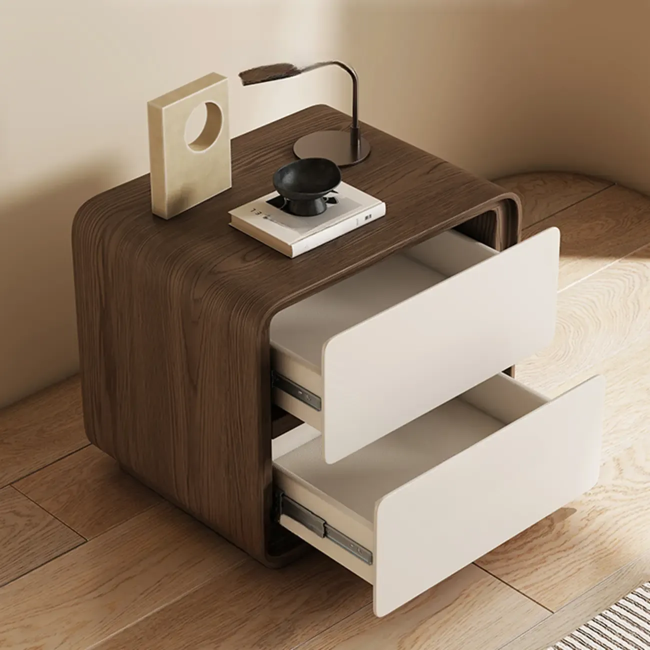 Modern Faux Leather Wood Top 2 Drawers Nightstand
