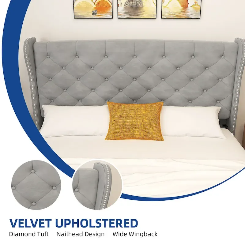 Grey King Upholstered Wingback Platform Bed for 2, with Tufted Headboard & Footboard