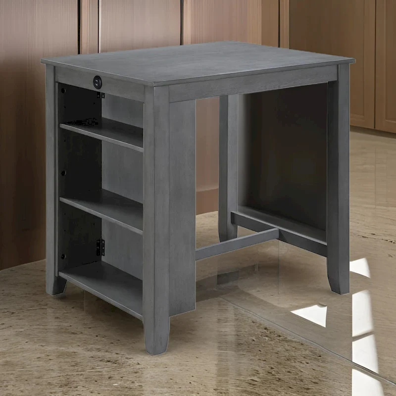 Gray Counter Height Dining Table with Open Shelves & USB Ports, Seats 2