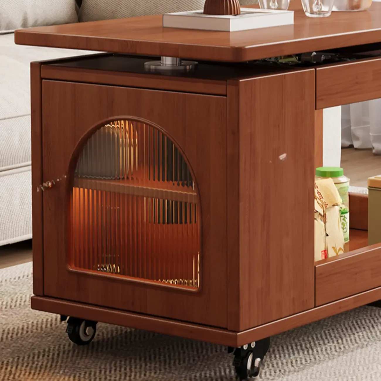 Adjustable Swivel Top Walnut Wood Wheel Side Table