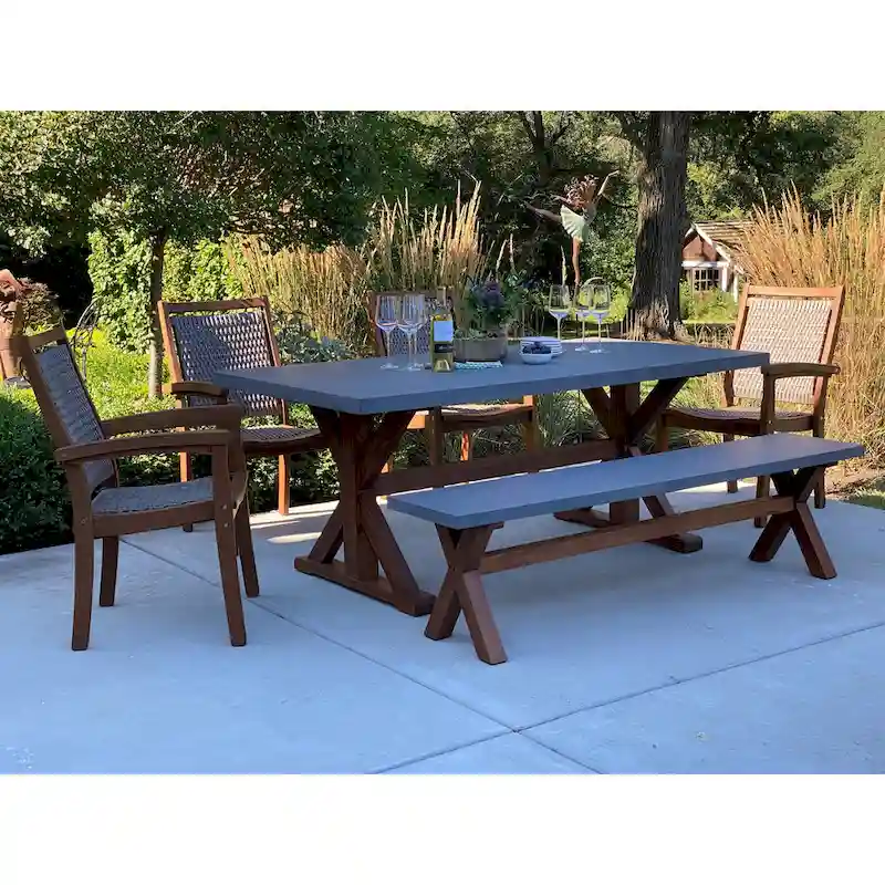 Nadine 6 pc. Eucalyptus and Composite Dining Set with Wicker Stacking Chairs