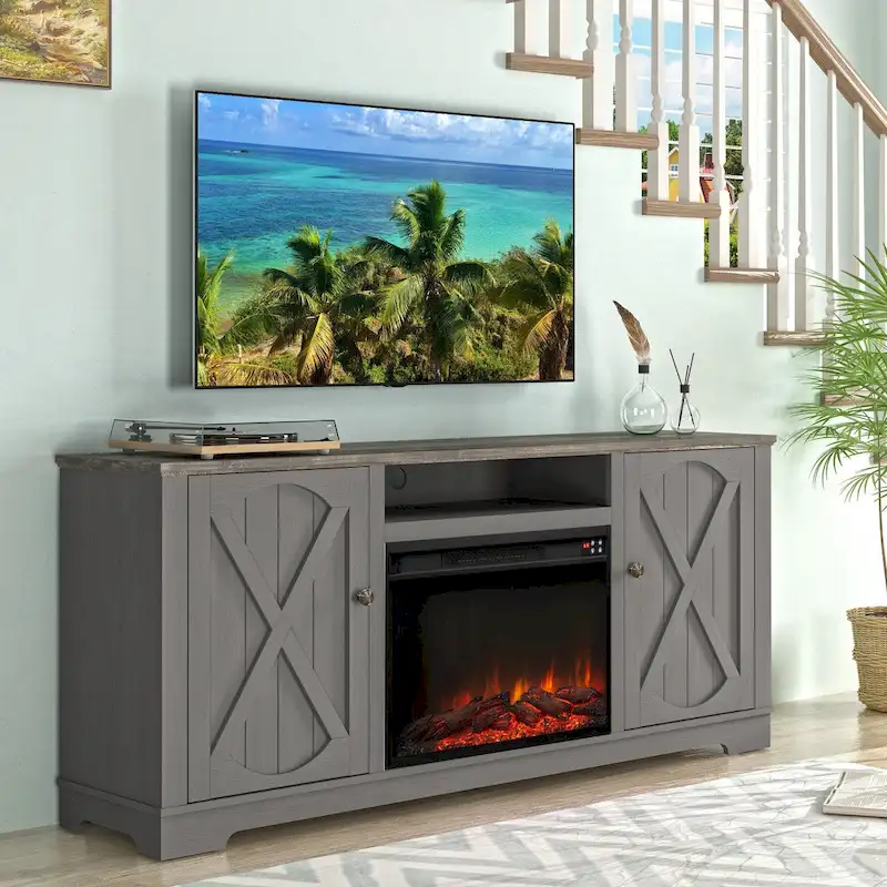 70 Farmhouse TV Stand with Fireplace, Fits up to 75 TV - 70W x 30H x 14.5D
