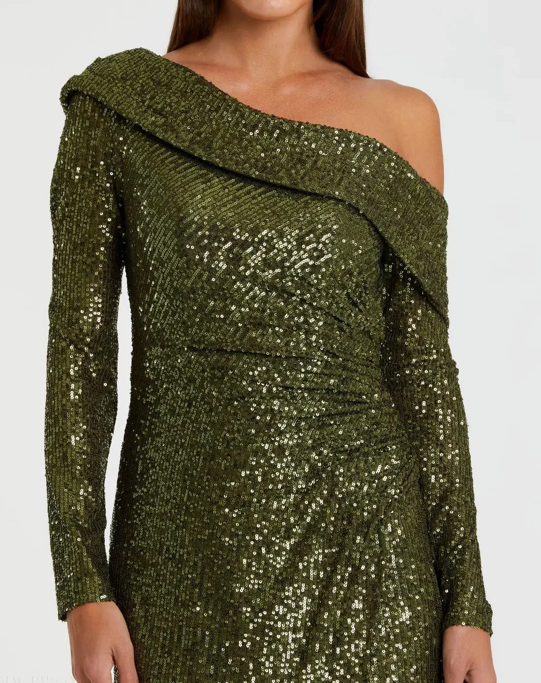 Green One Shoulder Sequin Long Sleeve Midi Dress