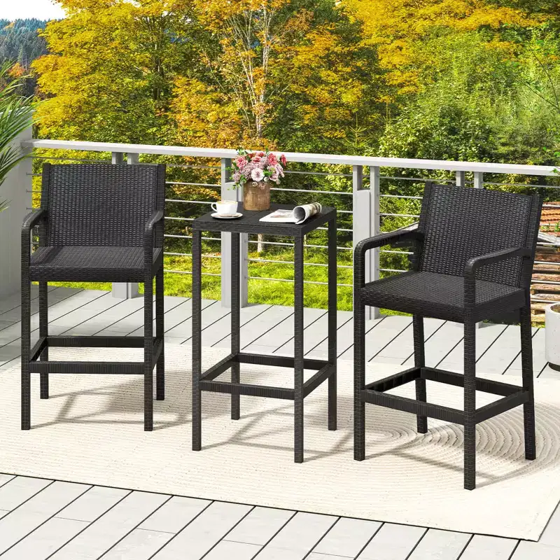 Costway 3 Pieces Patio Bar Set with 2 Stools & 1 Bar Table Curved Backrest Armrests