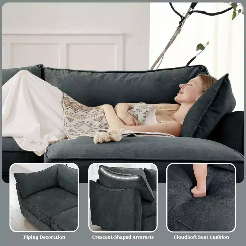 MooxvMoo 112in Chenille Sofas for Living Room, L Shaped Couch with Storage, Sectional Couch w/ Pull Out Drawer & Throw Pillows & Storage Ottoman, Gray