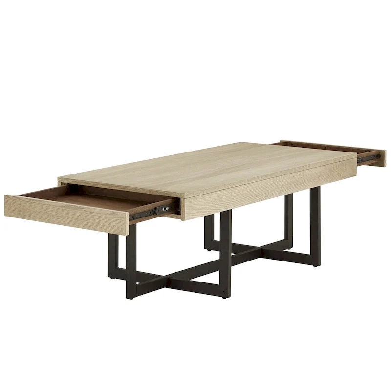 Wood Finish Coffee Table with Two Drawers - Black Metal Frame