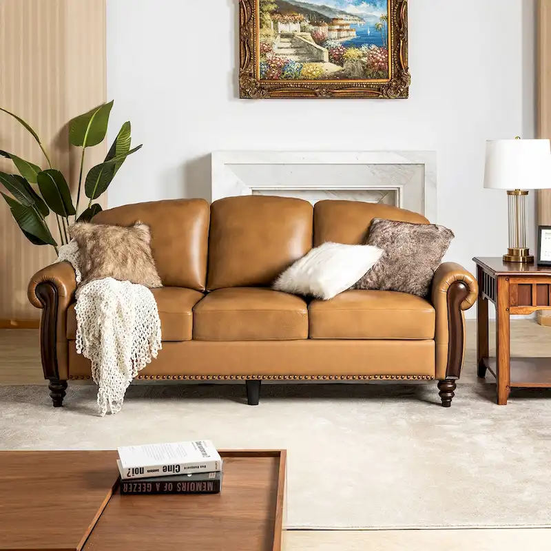 84 Traditional Genuine Leather Sofa with Carved Wood Legs