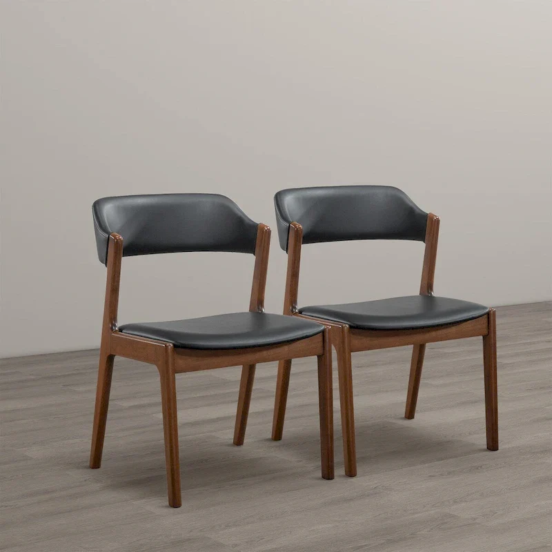 Mid-Century Modern Vegan Leather Dining Chairs with Walnut Base – Black / Medium Brown