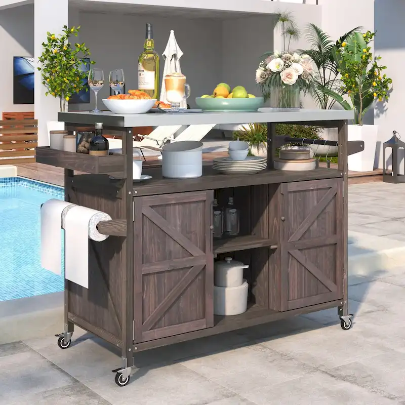 Farmhouse Solid Wood Outdoor Kitchen Island with Stainless Steel Top