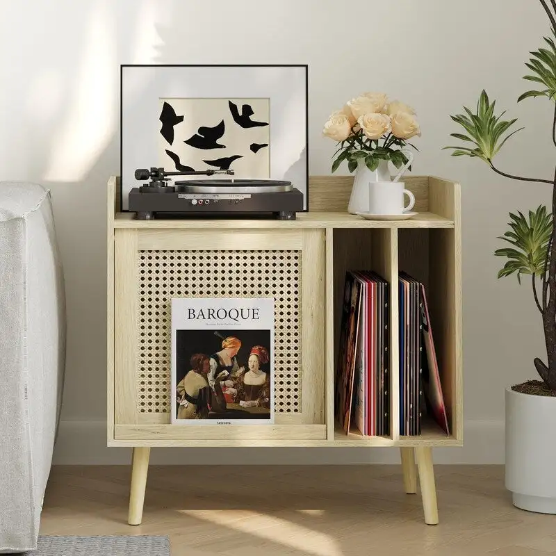 Natural Wood & Rattan Record Player Stand with Vinyl Storage - Single Use