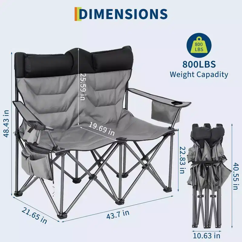 Acekool Grey Double Camping Chair with Armrests and Storage Pockets