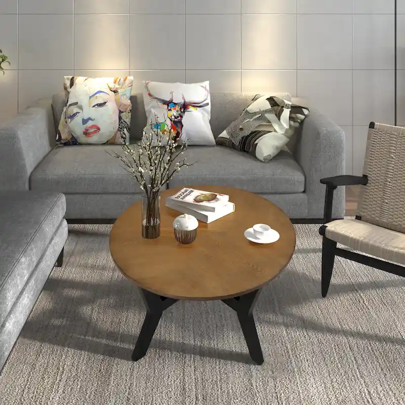 Farmhouse Wood Round Coffee Table with 4 Soild Wood Legs