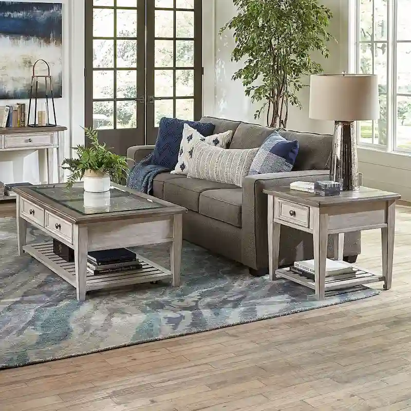 Heartland Antique White Living Room Table Set 3 Piece with Coffee Table, Side Tables