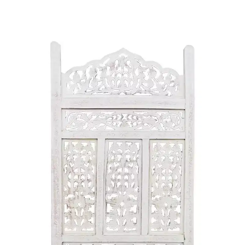 The Urban Port Aesthetically Carved 4 Panel Wooden Partition Screen/Room Divider Distressed White