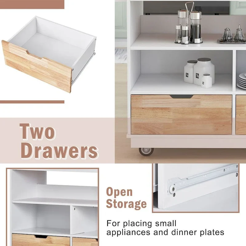 Kitchen Island on Wheels with Open Compartments and 2 Drawers