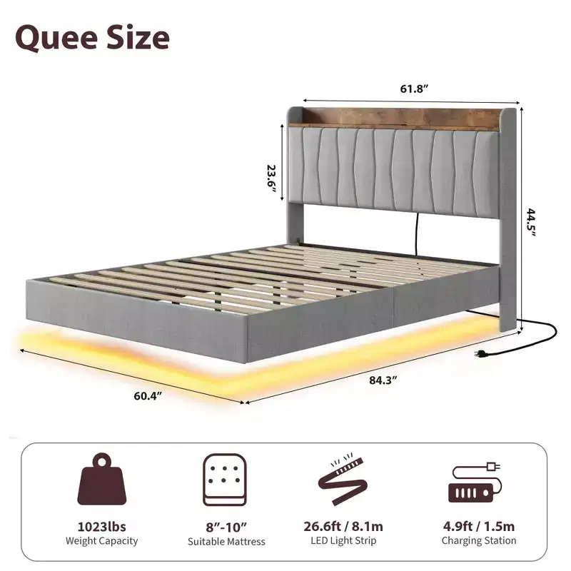 Modern Floating Platform Bed Frame with LED Lights & Charging Ports, Upholstered Storage Headboard, Sturdy Wood Slats, No Box Spring Needed