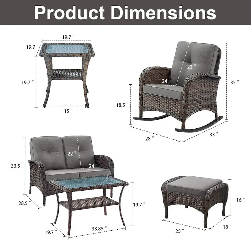 2 Rocker Chairs Ottoman with Loveseat Sofa Coffee Table - Brown