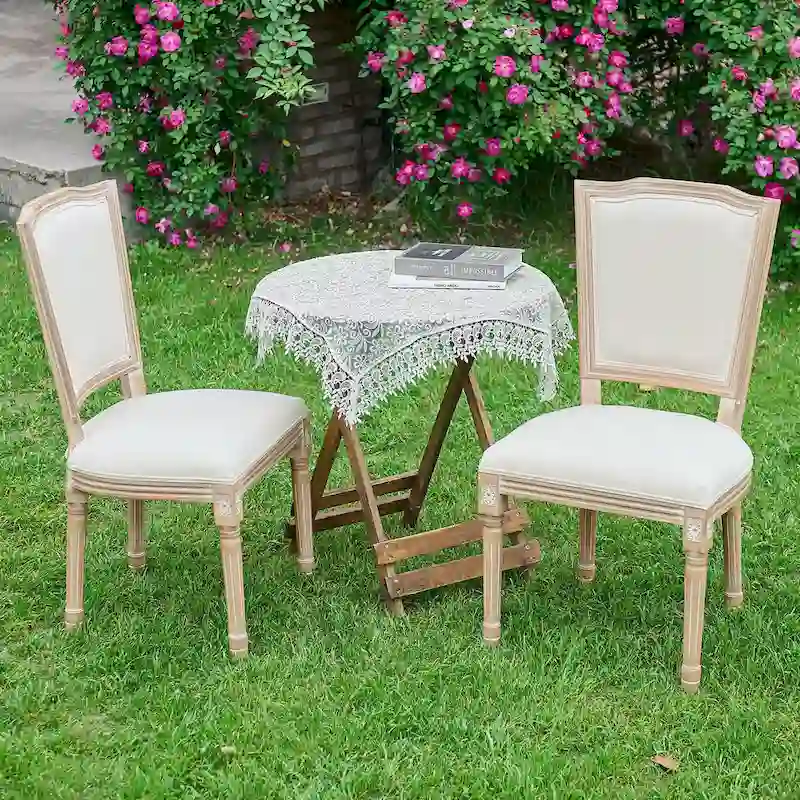Set of 2 French Side Chairs with Carved Wood Legs & Linen Upholstery