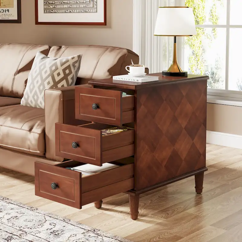 Solid Wood End Table with 3 Drawers, Fully Assembled Narrow Side Table