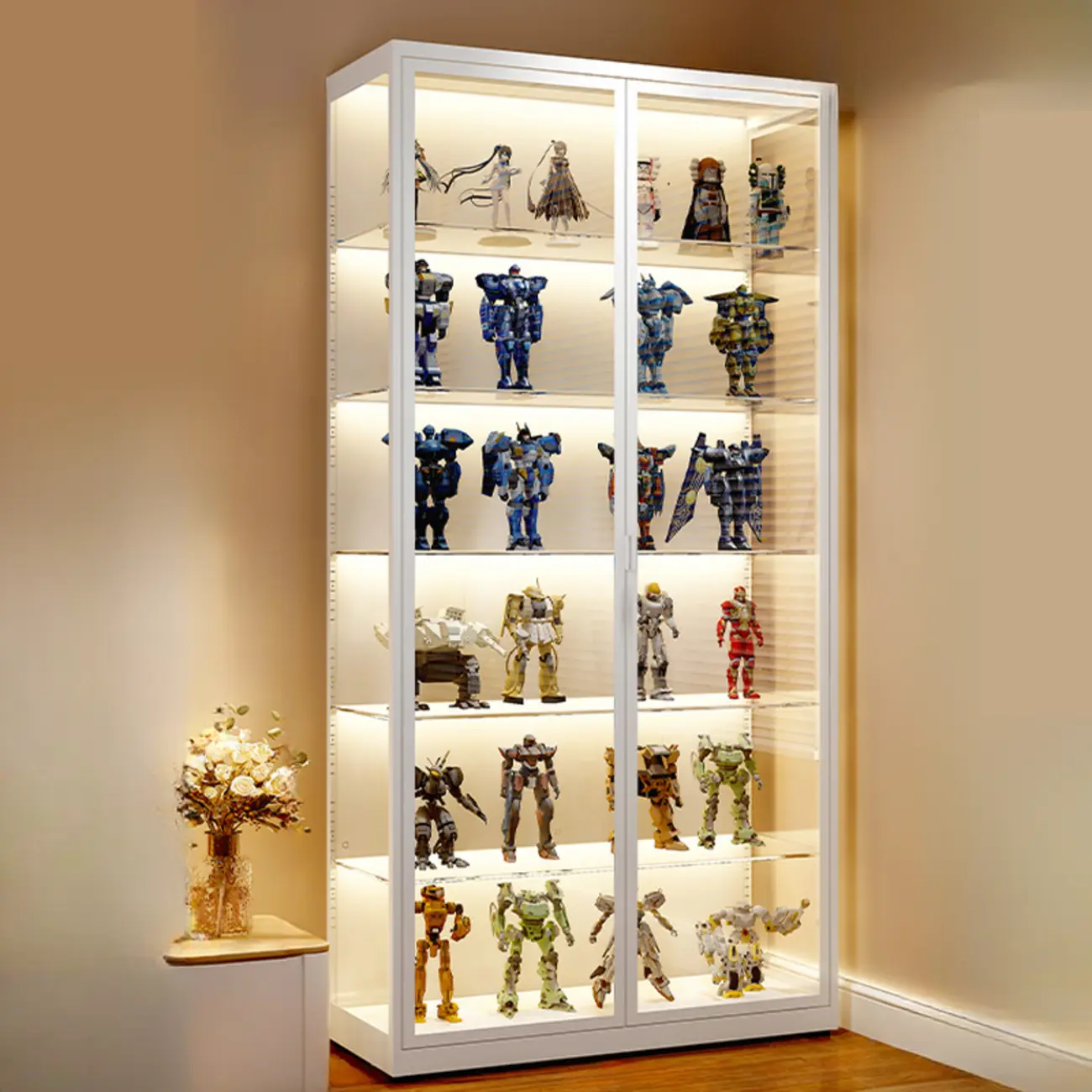 Freestanding Modern Metal Glass LED Lighted Curio Cabinet