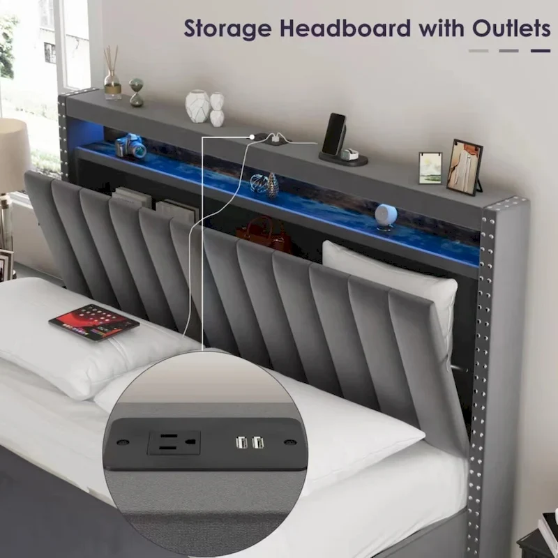 Luxury Gas Lift Storage Bed with LED Lights