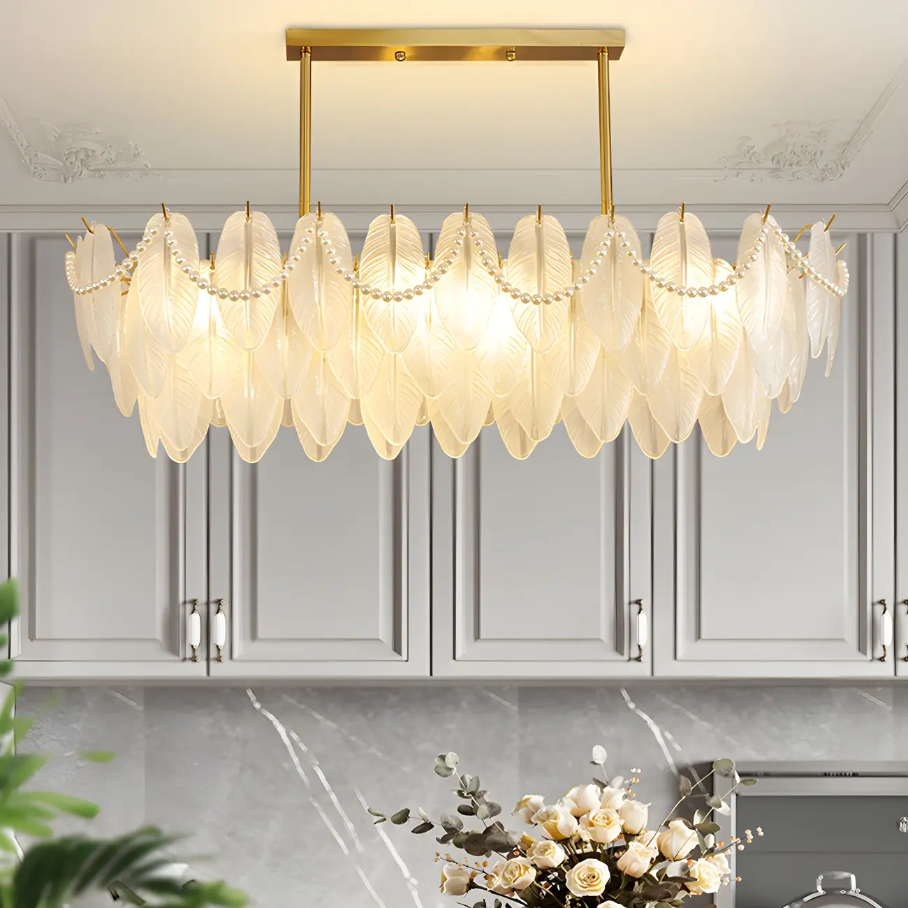 Adjustable Modern Glass Feather Island Chandelier in Gold