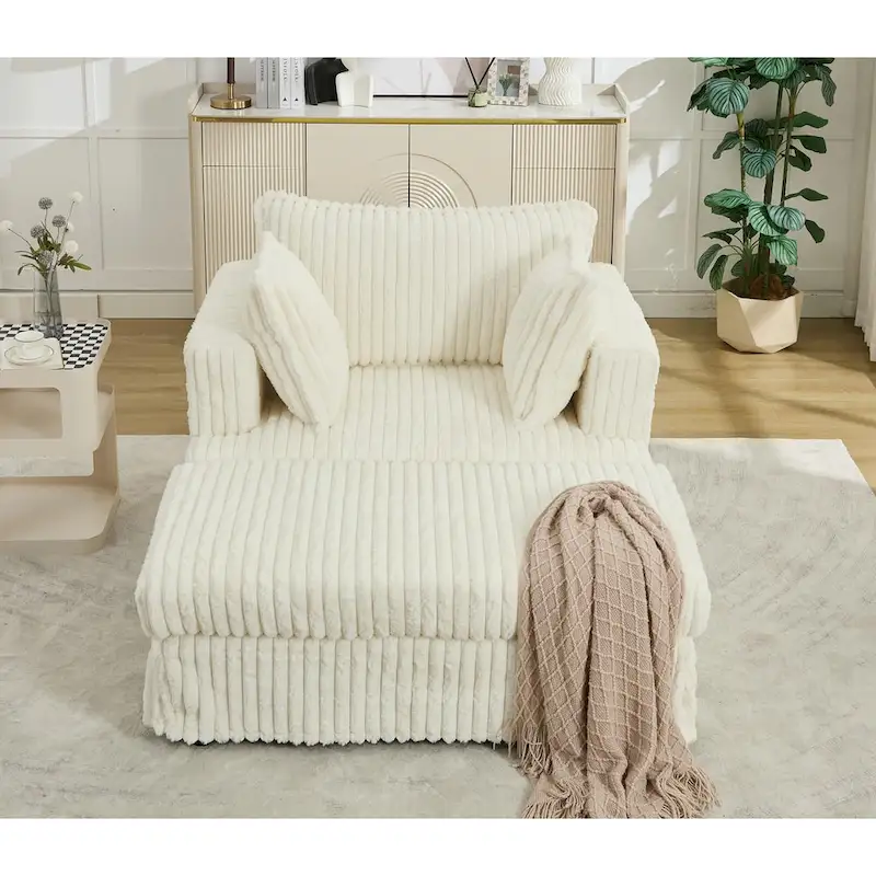 Oversized Corduroy Reclining Chair Deep Seat Armchair Single Thickened Upholstered Sofa with Pillow and Ottoman