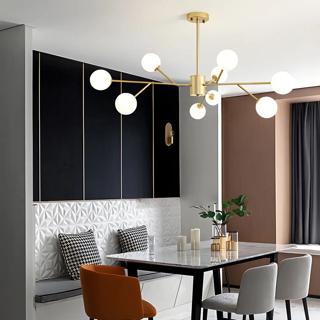 Mid-Century Modern White Globe Glass Sputnik Chandelier