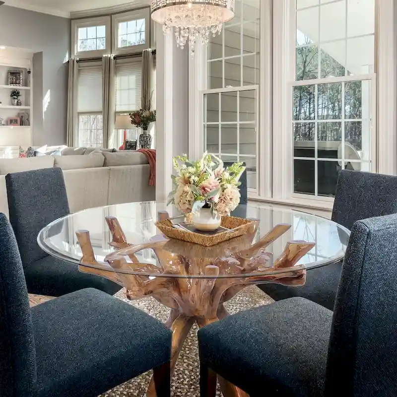 Chic Teak Rustic Teak Wood Root Dining Table Including a Round 48 Inch Glass Top