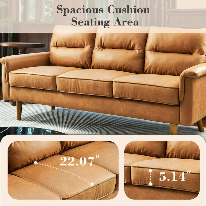 Brown Faux Leather 3-Seater Sofa with Wood Legs