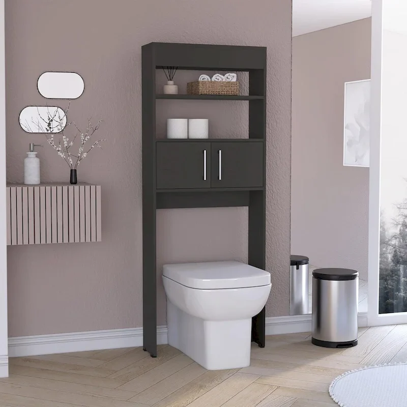 Black Matte Over-Toilet Storage Cabinet with Doors and Shelves, 1-Person