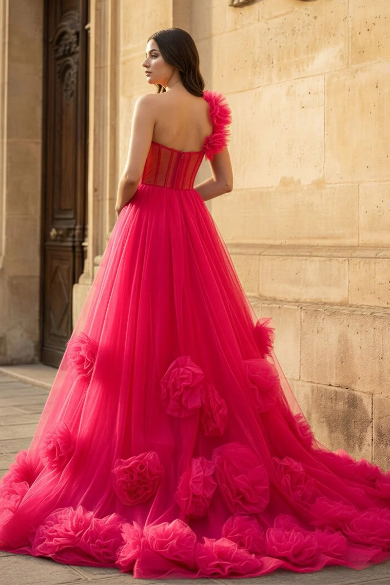 Hot Pink Ball Gown One-Shoulder Tulle Prom Dresses