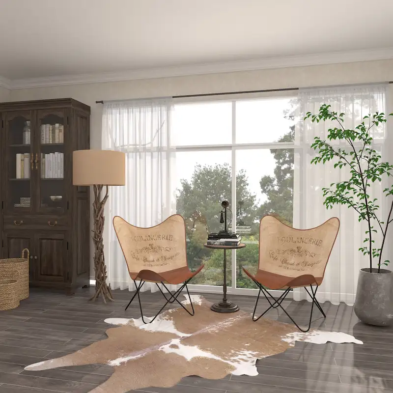 Brown-Beige / White Handmade Leather Butterfly Chair with Black Metal Stand – 1-Seater