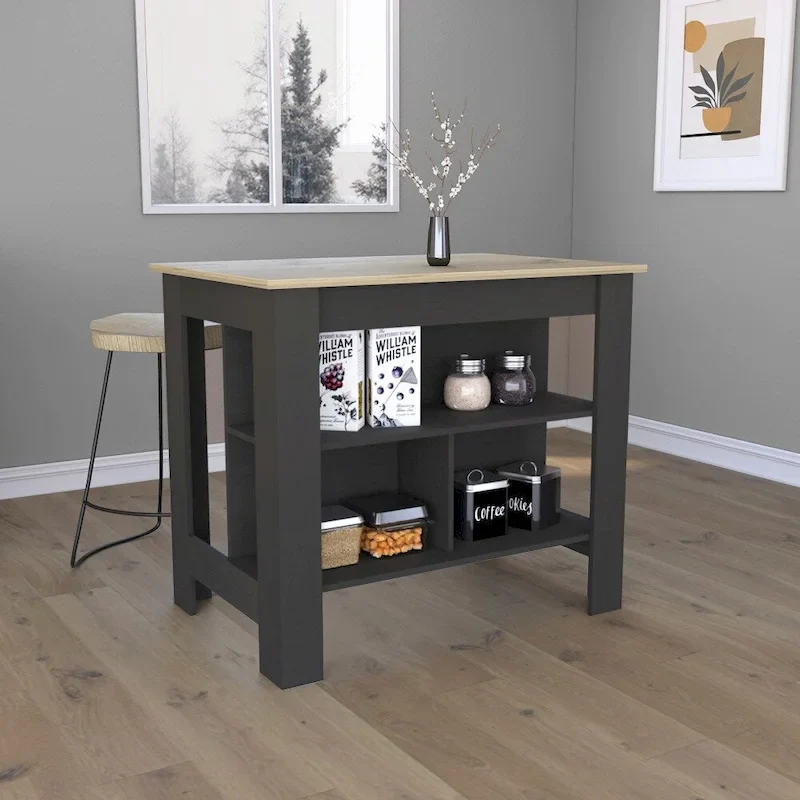 White / Brown / Black Wood Kitchen Island with 3 Shelves, Seats 1