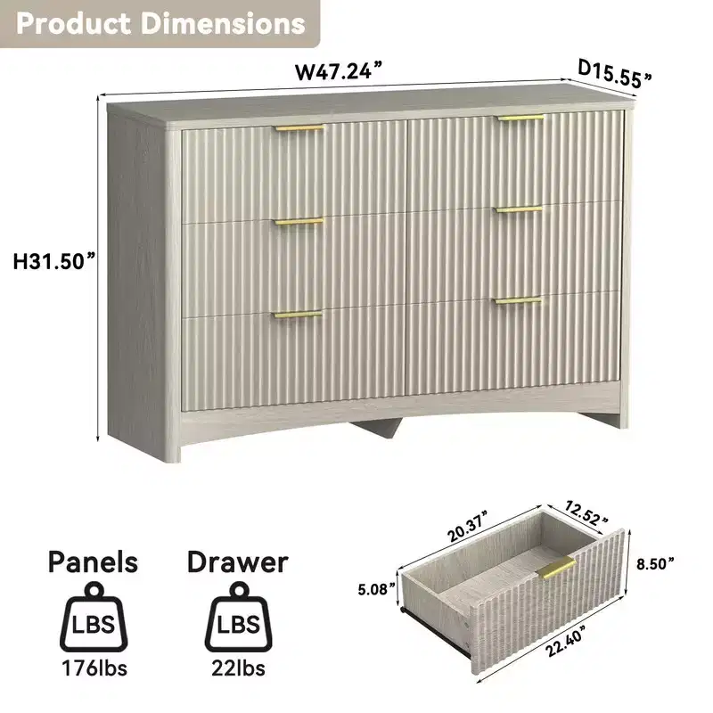 6-drawer dressing table, rounded drawer slot wooden box, dressing table TV stand, and storage rack for bedroom and hallway, gray