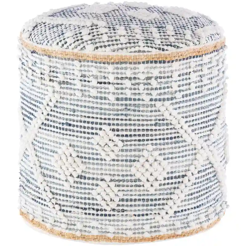 White Bohemian Braided Cylinder Pouf Ottoman – Denim, Jute and Polyester Mix – 1 Person