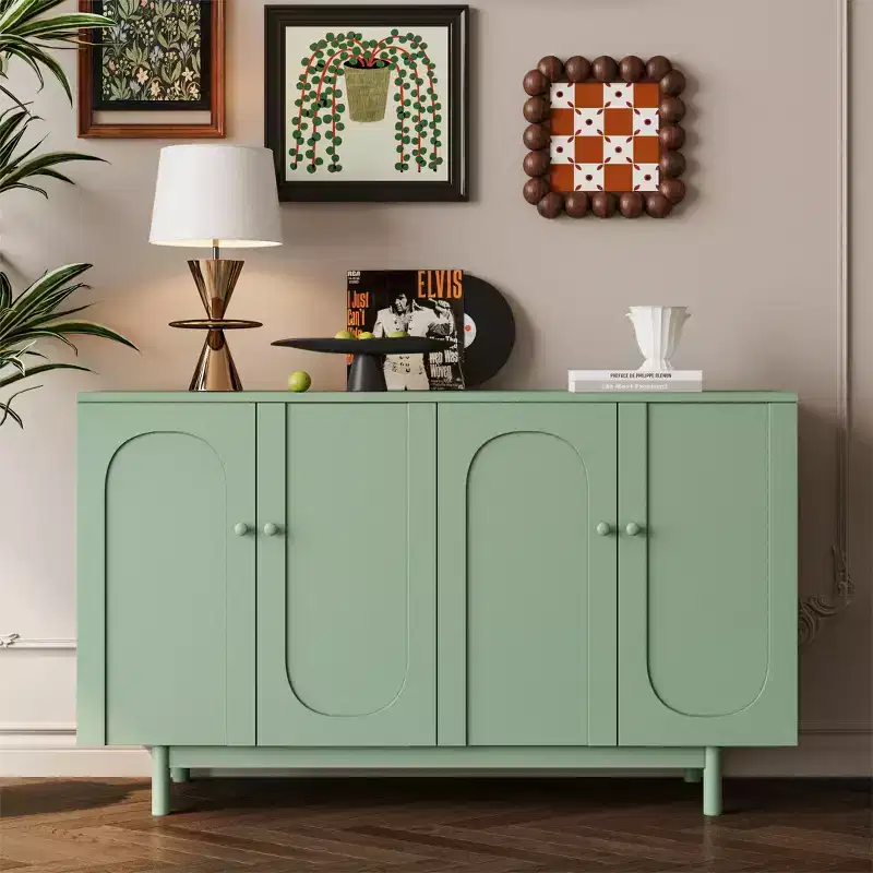 59W 4-Door Sideboard Storage Cabinet Buffet Accent Cabinet Console Table with Intaglio Doors and Adjustable Shelves, White/Mint Green-ModernLuxe