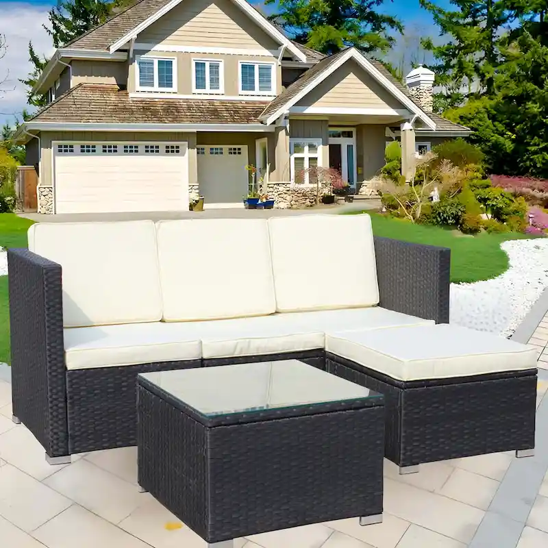 5-Piece Outdoor Rattan Sectional Sofa Set with Coffee Table & Cushions