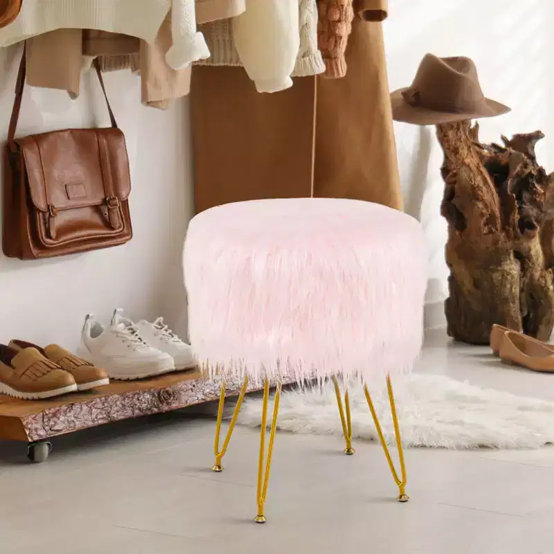 Costway Faux Fur Vanity Chair Makeup Stool Furry Padded Seat Round Ottoman Pink/White